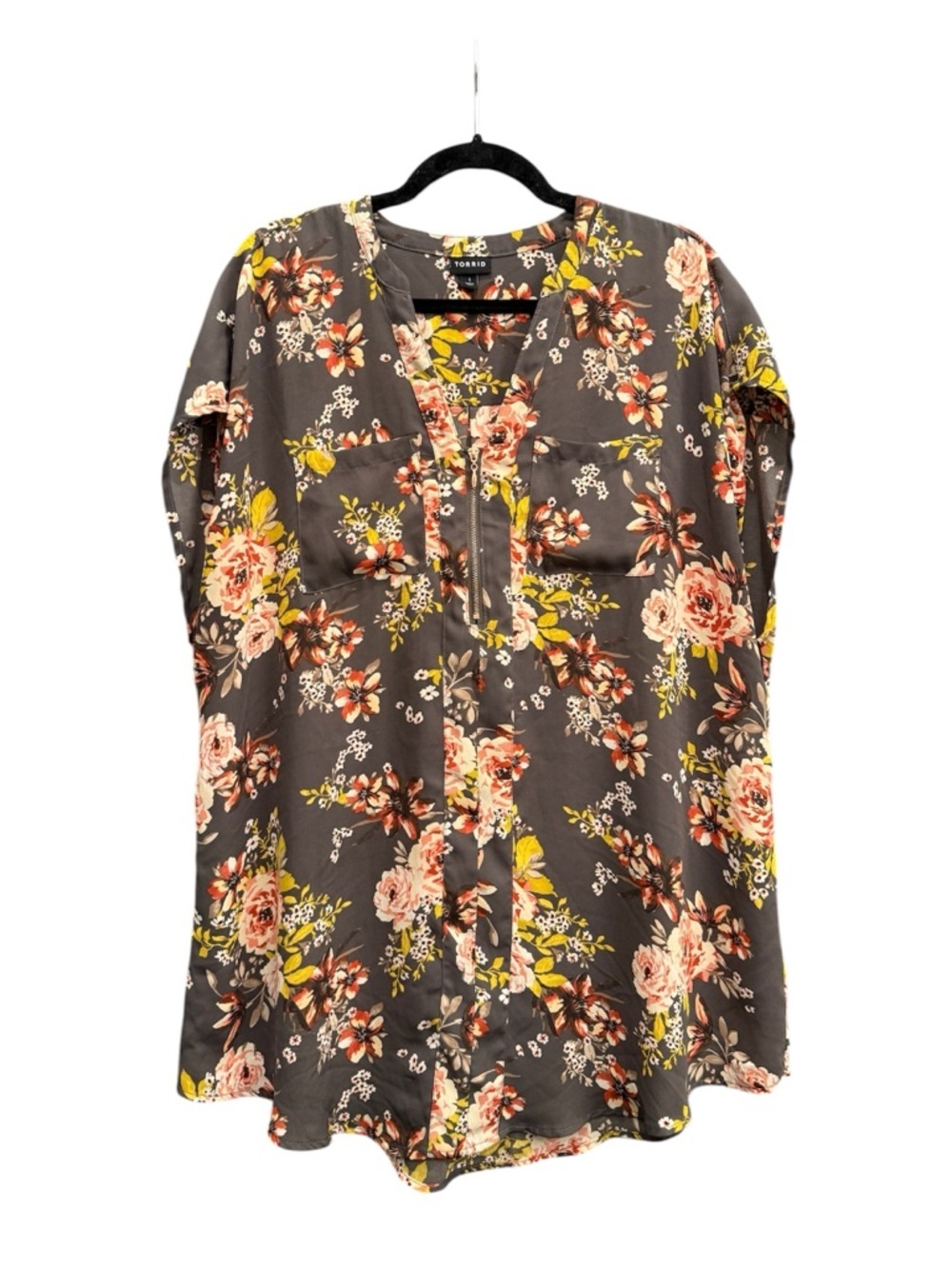 Torrid Gray Floral Georgette Zip Front Tunic Blouse